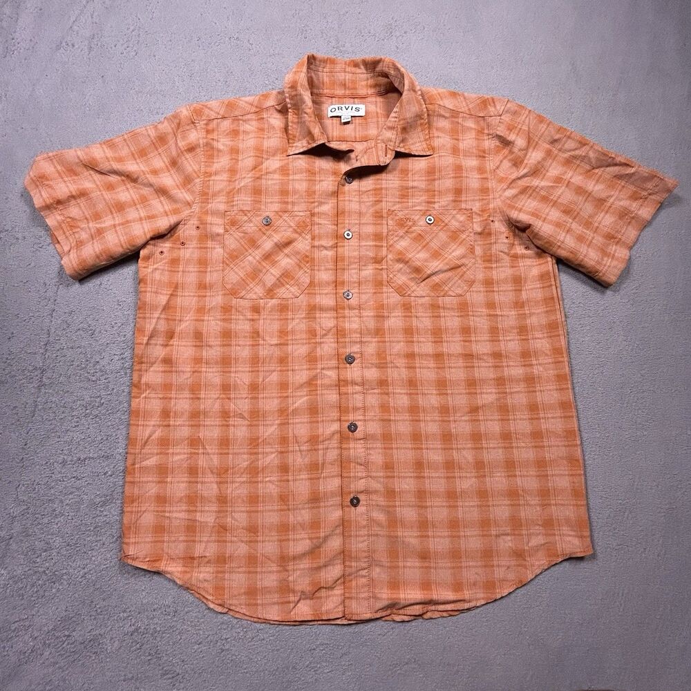 Orvis Button Down Shirt Men Large Orange Plaid Short Sleeve Casual Gorpcore